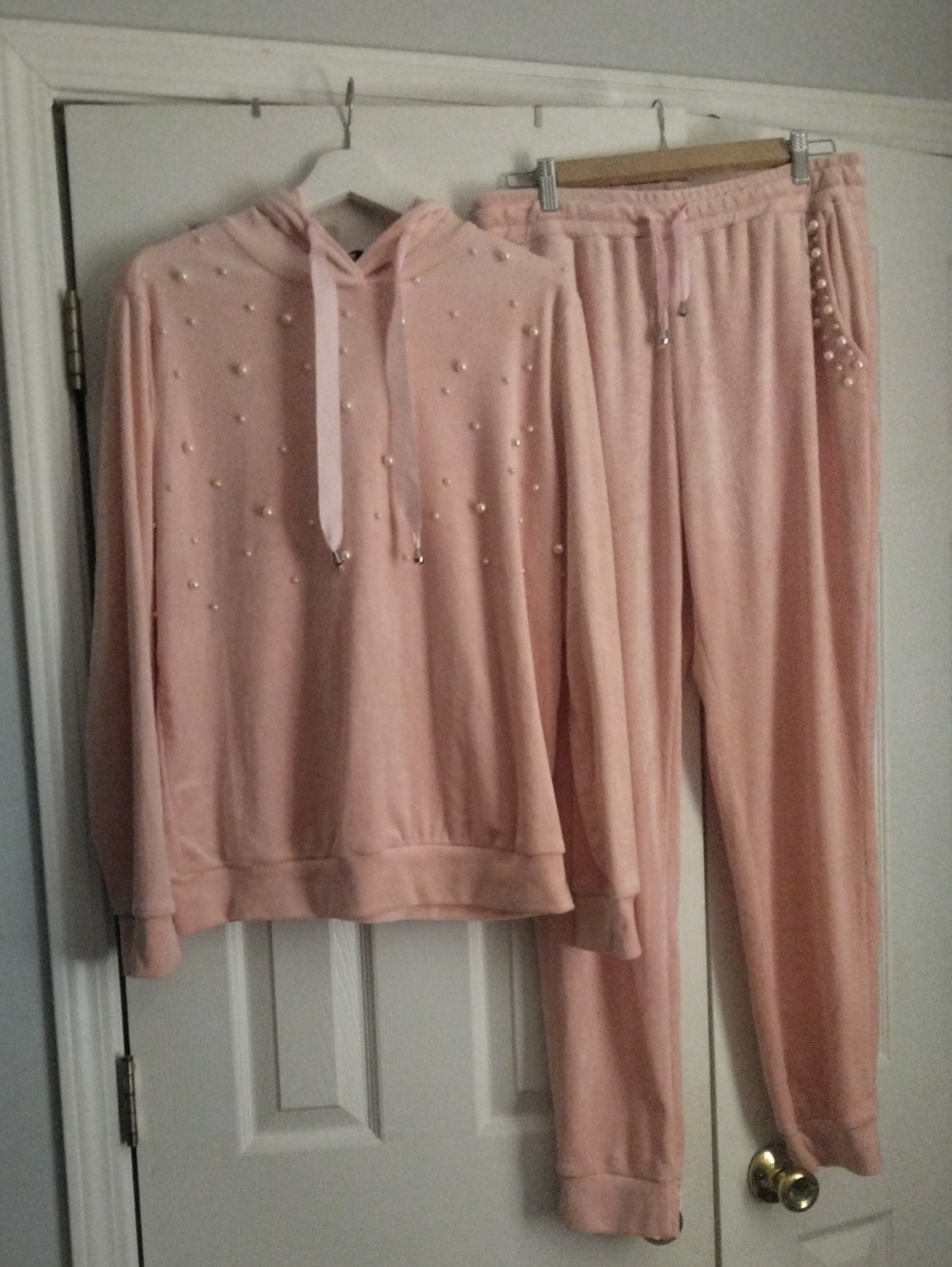 Shein Pink Pearl-Embellished Hoodie & Jogger Set